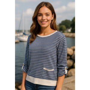 Jones New York Sport Blue White Striped Cotton Pullover Top
 Pocket M
